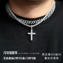 ICEGANG ladder square diamond cross pendant hip-hop necklace European and American trend inlaid gemstone gold-plated couple men