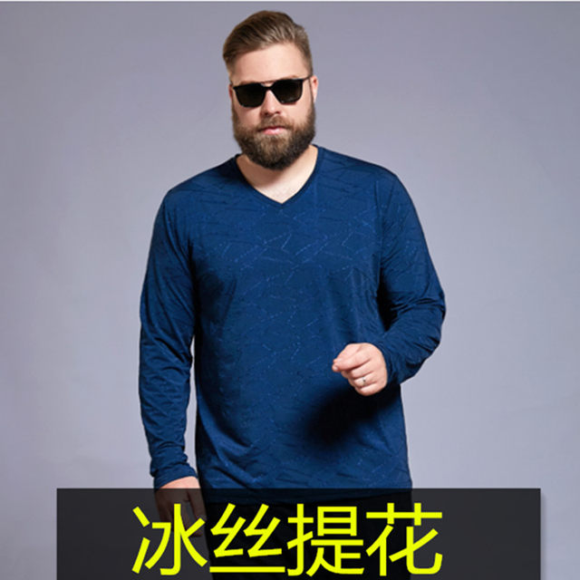 Plus-Size Men's Long-Sleeve V-Neck T-Shirt, Trendy Autumn Wear for Big Guys, Loose Fit, Pure Cotton Undershirt