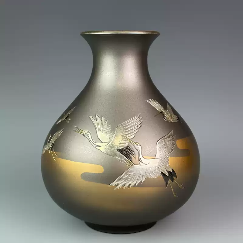 日本高崗銅花瓶能作吉秀作飛鶴紋鑄銅花器金銀鑲嵌大號銅花瓶-淘寶