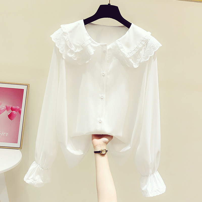 Small Fresh Lace Doll Collar Shirt for Women 2025 Spring & Fall New Korean Style Bell Sleeve Casual White Shirt Trendy