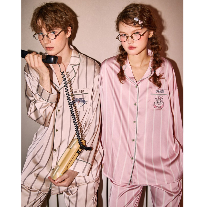 Mary Cat Couple Ice Silk Pajamas Women's Spring and Autumn Long Sleeve Disney Cartoon Russford Outerwear Homewear Men's