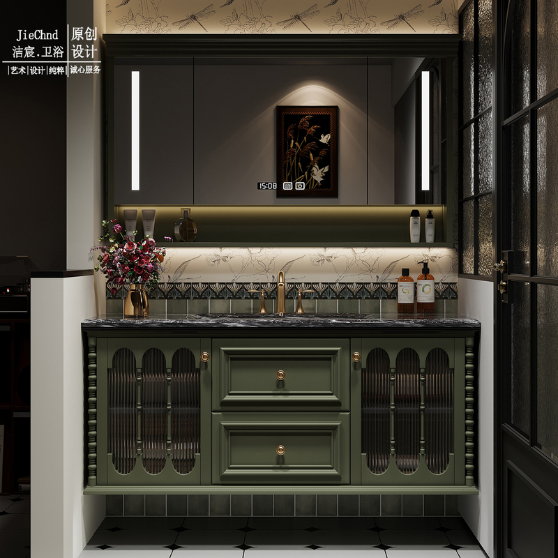 French-Style Vintage Oak Bathroom Cabinet Set with Marble Luxury Stone Solid Wood Washbasin Vanity Unit