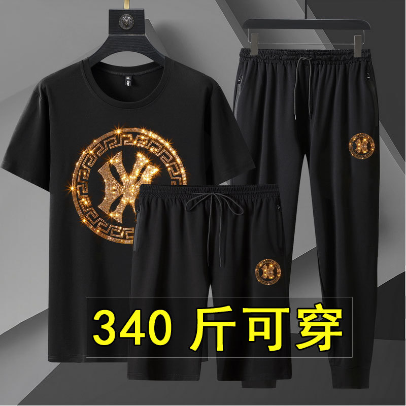 Plus-Size Men's Full-Body Sports Suit, Summer 2026, Extra-Large Size, Rhinestone Short-Sleeve, 10XL