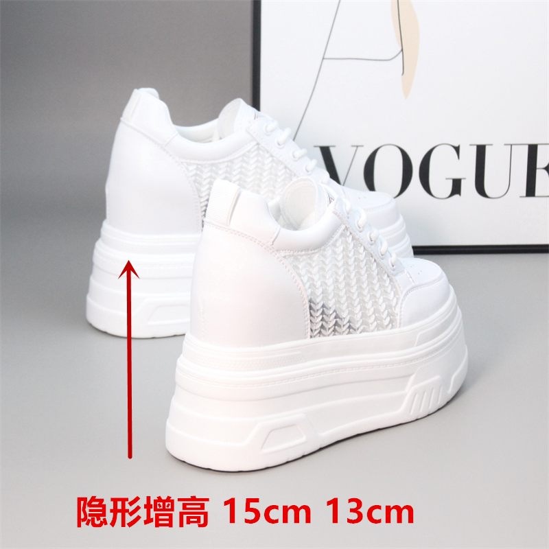 Genuine Leather Mesh White Sneakers for Women 2024 New Breathable Wedge Heel 15cm Casual Shoes Thick Sole Internal Height Increase 13cm Women's Shoes