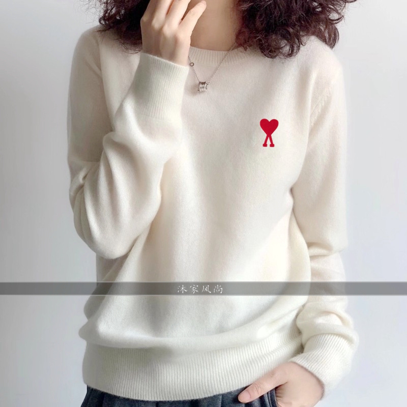 Autumn and Winter Fashionable Wool Sweater Heart a Long-Sleeved Base Shirt Round Neck Knitted Embroidery Stylish White Ami Sweater for Women