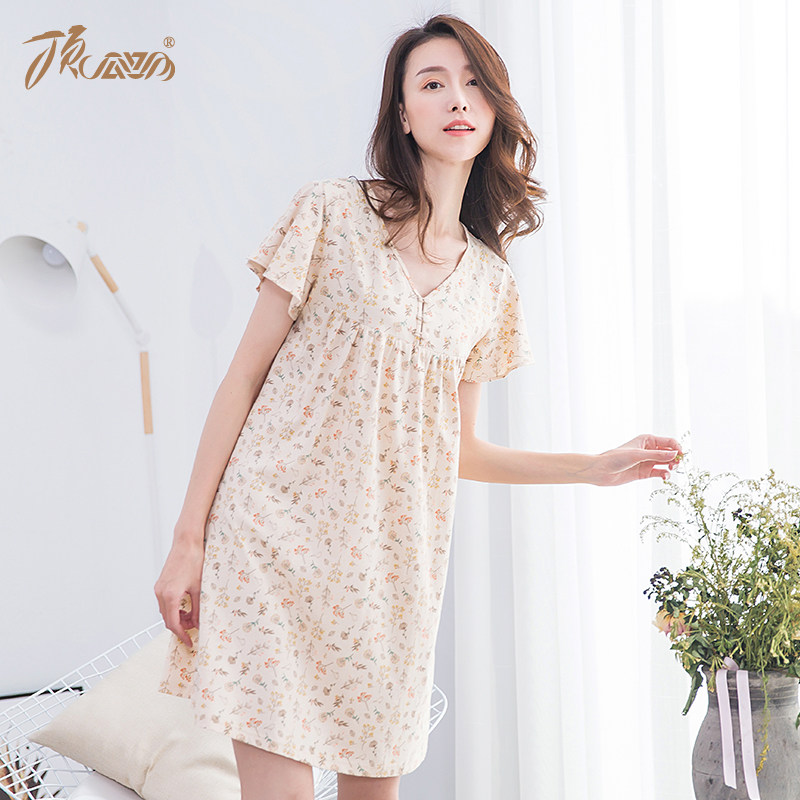 Dingpipi official flagship store pajamas women's summer cotton thin section printed short-sleeved nightdress ladies pajamas can be worn outside