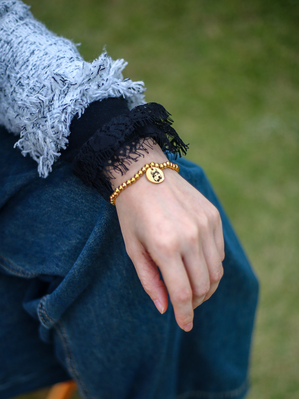 Original design pet portrait bracelet cat, dog, hamster, parrot, chinchilla commemorative gift, engraved text, photo ornament