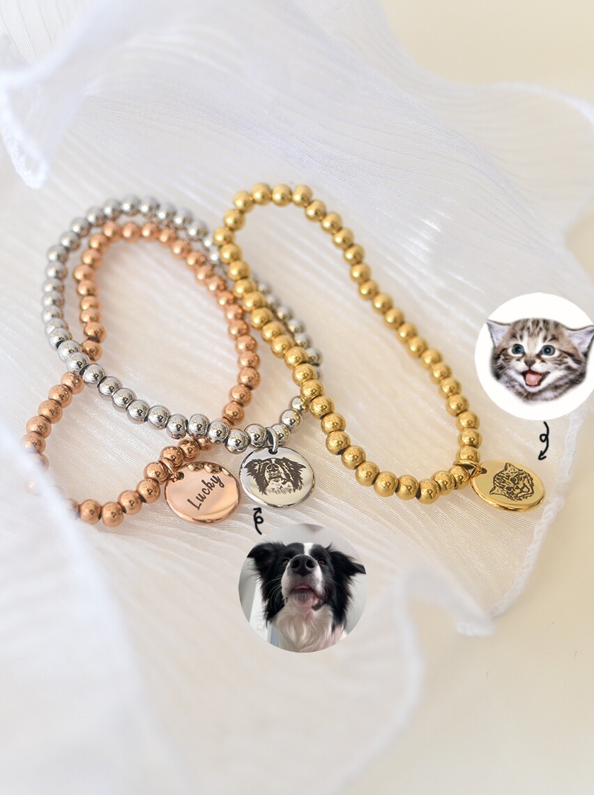 Original design pet portrait bracelet cat, dog, hamster, parrot, chinchilla commemorative gift, engraved text, photo ornament