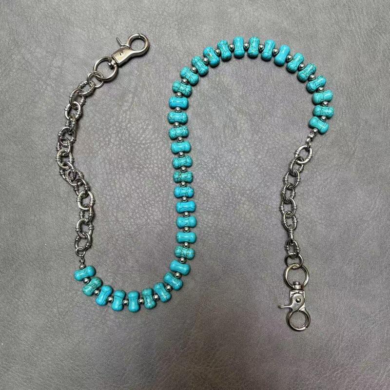 Bone-Colored and Turquoise Patchwork Jeans Waist Chain, Fashionable and Versatile, High-End Decorative Chain