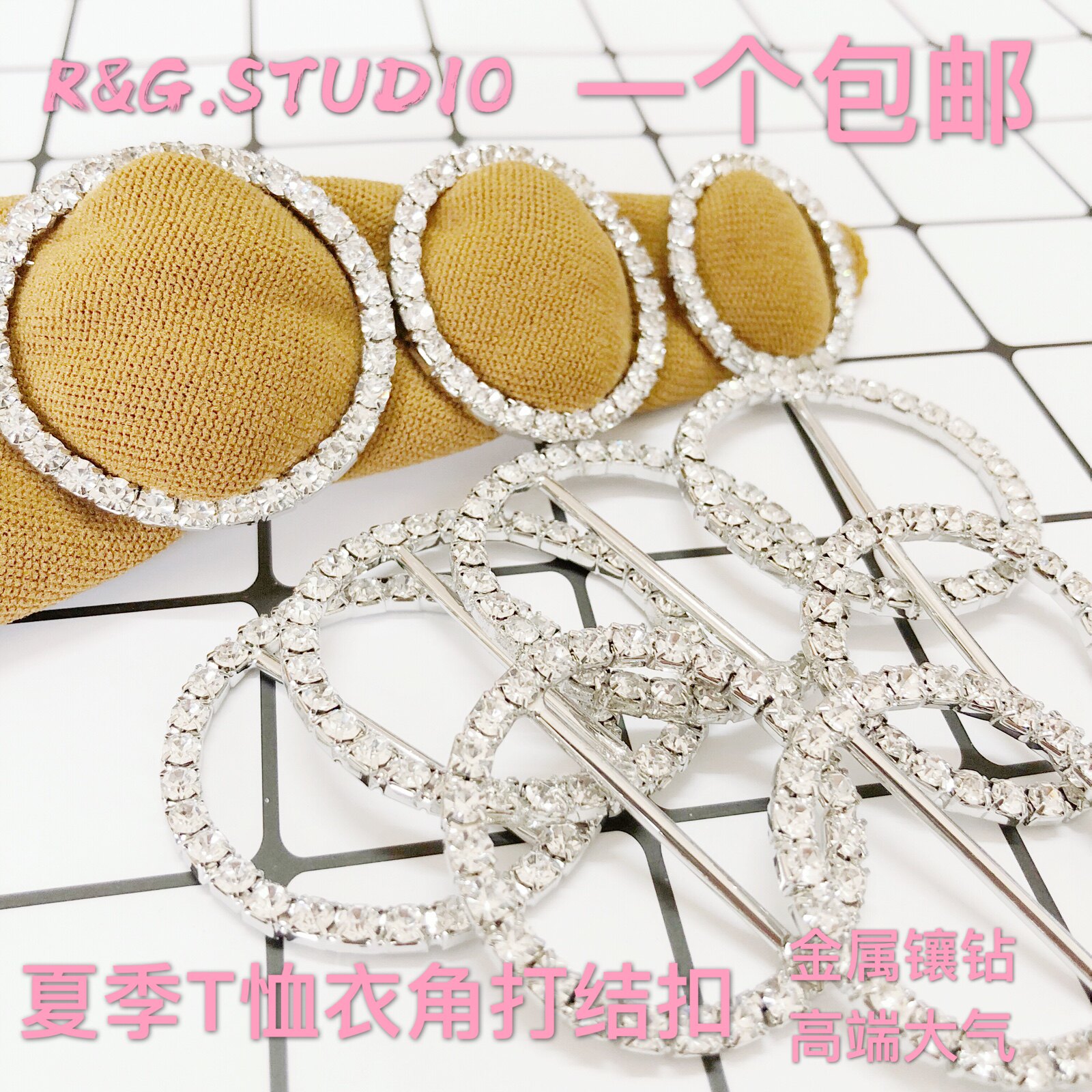 Short-sleeved metal diamond-studded jacket with knots at the corners, women's T-shirts, shirts, silk scarves, shawls, Korean-style decorative buckles, round belts, Japanese characters