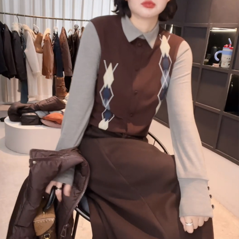 Spring and Autumn New Double-Sided Fleece Plaid Casual Fake Two-Piece Shirt R Style Versatile Slimming Women's Top