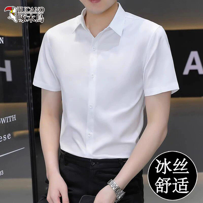 Woodpecker Men's White Short-Sleeved Shirt Summer Professional Ice Silk Non-Iron Thin Shirt Business Formal Shirt for Men