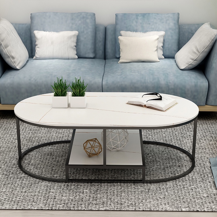 Nordic marble oval double-layer coffee table modern minimalist light luxury small apartment living room home slate small tea table