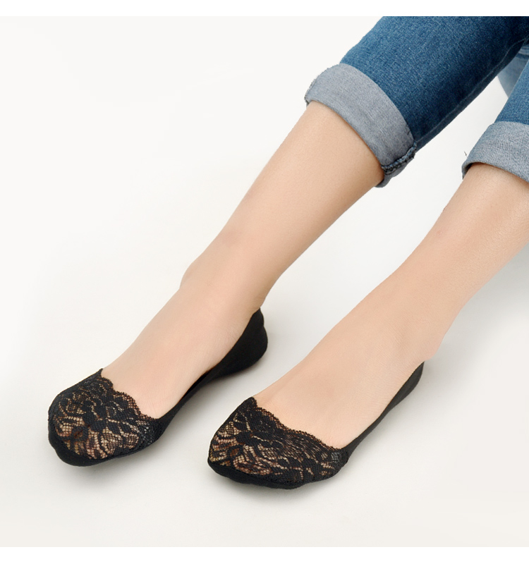 Giày cao gót cotton nông miệng trượt vô hình nữ thuyền vớ ren đơn gợi cảm quần tất bông