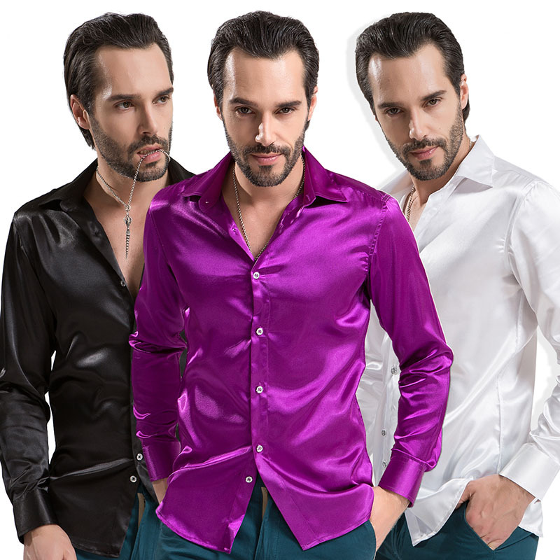 Men's Long-Sleeved Shirt, Glossy Imitation Silk, Solid Color, Wedding Groomsmen, Host, Emcee, Performance Clothing, Red Satin Shirt