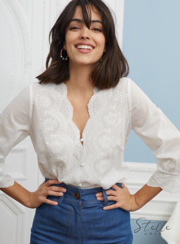 Sezane Spring/Summer New Collection French Resort Style V-Neck Pure Cotton Lace Embroidered Shirt Top