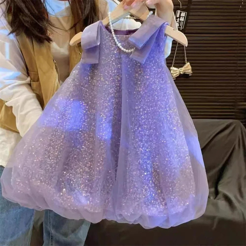 Summer Hot-Selling Girls' Dress, Purple Sequin Fairy Dress, Mesh Sleeveless Princess Dress, Trendy Children's Clothing