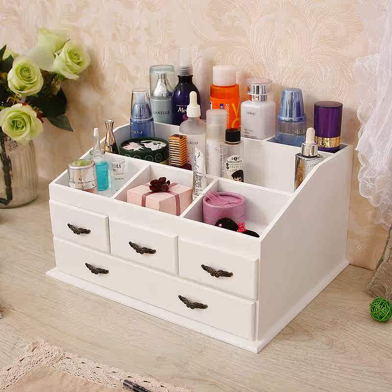 梳妆台木质化妆品收纳盒 大号抽屉式护肤储物箱木制首饰品盒桌面