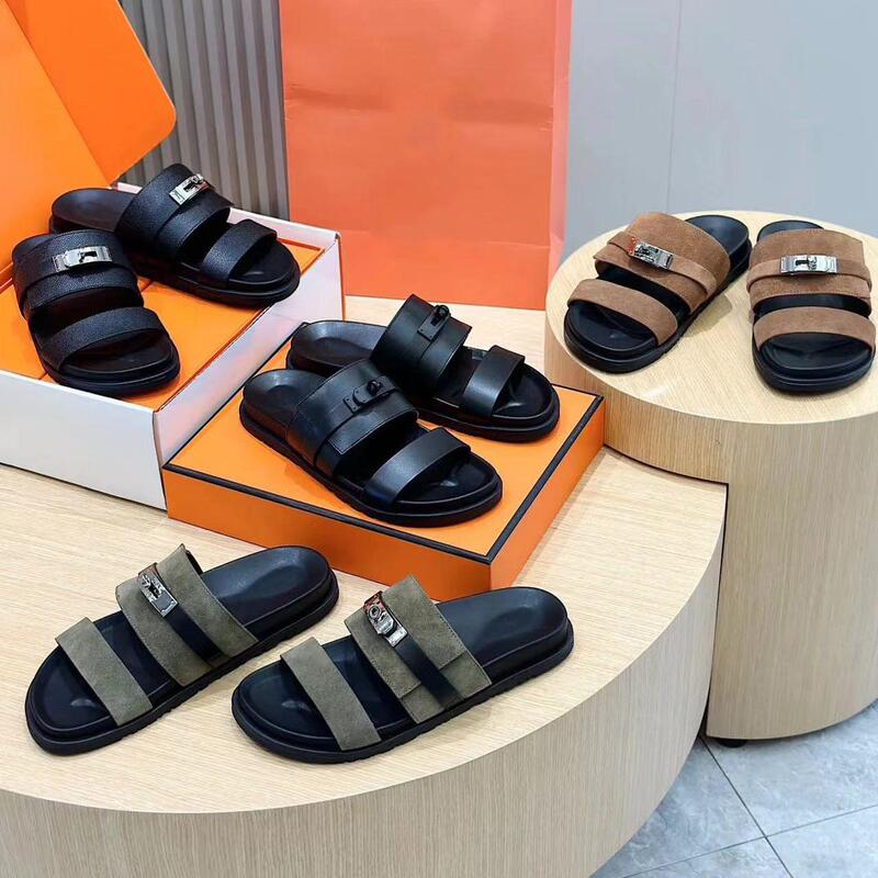 Trendy 2025 Spring/Summer New Metal Buckle Slide Sandals for Couples, Genuine Leather Thick-Soled Shoes for Women Trendy 2025 Spring/Summer New Metal Buckle Slide Sandals for Couples, Genuine Leather Thick-Soled Shoes for Women