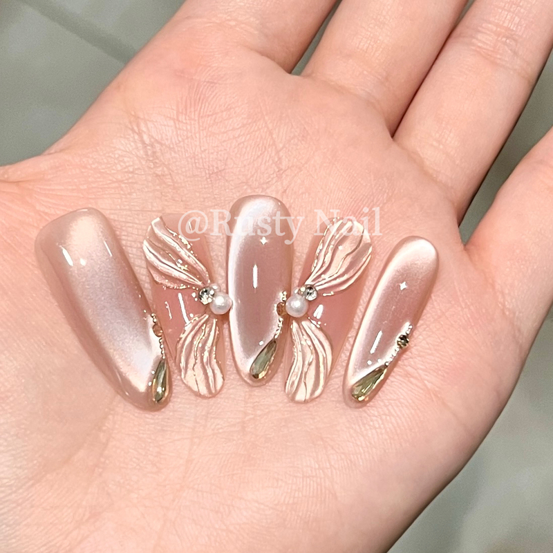[Fairy Streamers] Ballet-Style Pure Desire Blush Cat-Eye Handmade Wearable Nails Bride Long Dazzling Nail Patches