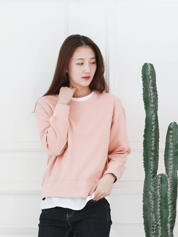 Áo len cổ tròn màu đơn sắc của phụ nữ terry jumper mùa xuân và mùa thu áo thể thao giản dị áo khoác cotton dài tay