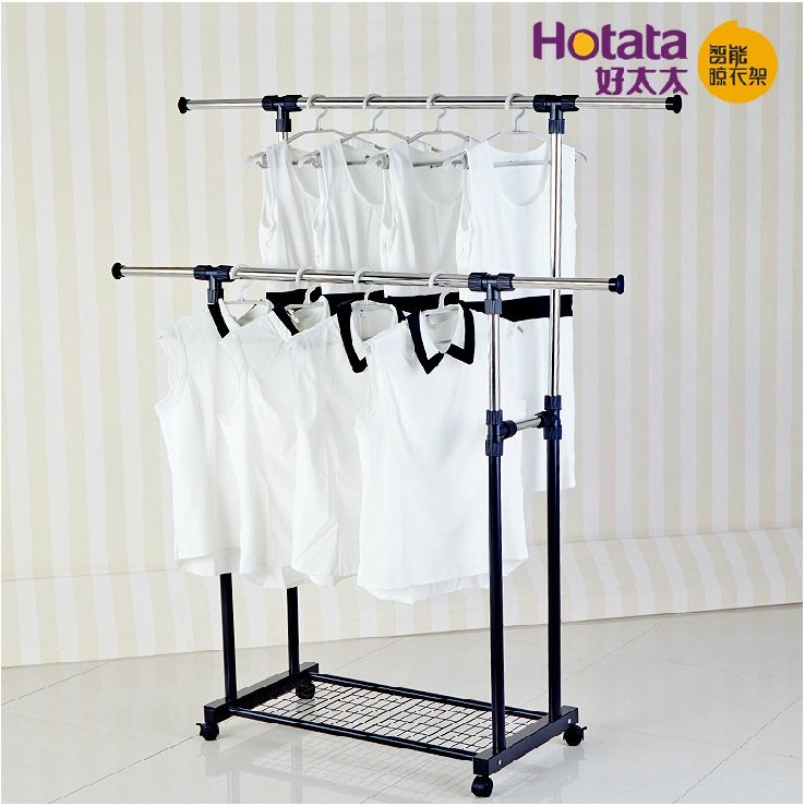 Good wife stainless steel clothes rack floor 593 folding indoor double rod type clothes rack telescopic movable pulley