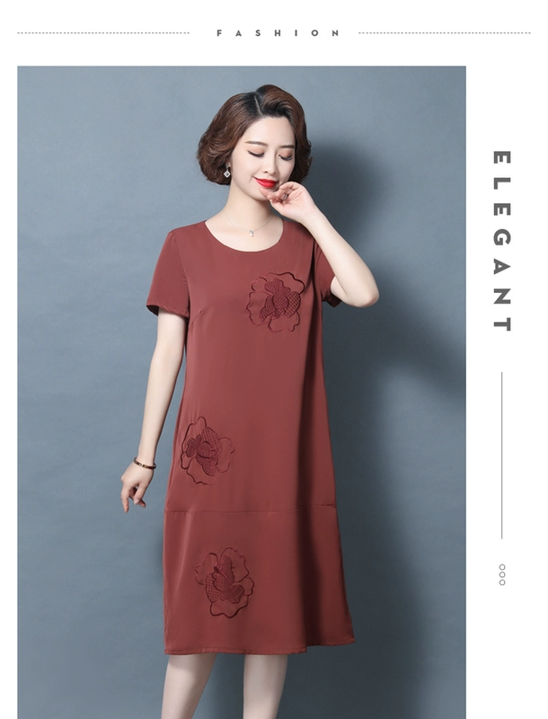 Mama Yang Qi trên đầu gối váy dài rộng vợ khí chất của phụ nữ mới trung niên mùa hè ngắn tay và váy lanh - Váy eo cao váy xòe bó eo	