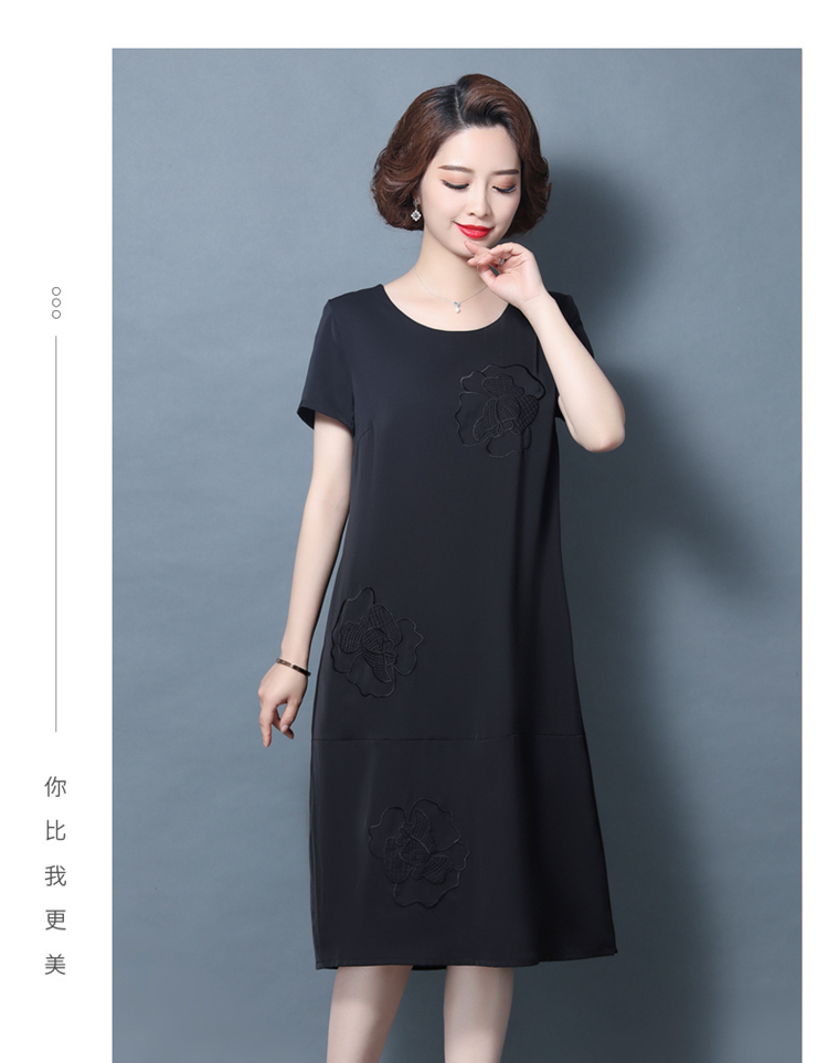 Mama Yang Qi trên đầu gối váy dài rộng vợ khí chất của phụ nữ mới trung niên mùa hè ngắn tay và váy lanh - Váy eo cao 	váy đan dây eo	