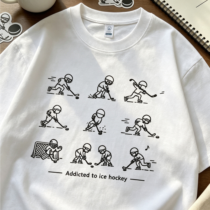 Obsessed with Ice Hockey Stickman T-Shirt for Men and Women, Sports and Leisure Creative Cartoon Print Short Sleeve Loose Cotton Top for Summer