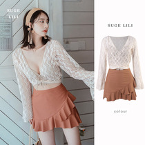 Swimsuit female summer four-piece split skirt style fairy fan small chest gathered to cover the belly thin long sleeve seaside resort hot spring