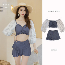 Swimsuit Womens split skirt with sleeves ruffles three-piece slim Student conservative small fragrance hot spring clothes