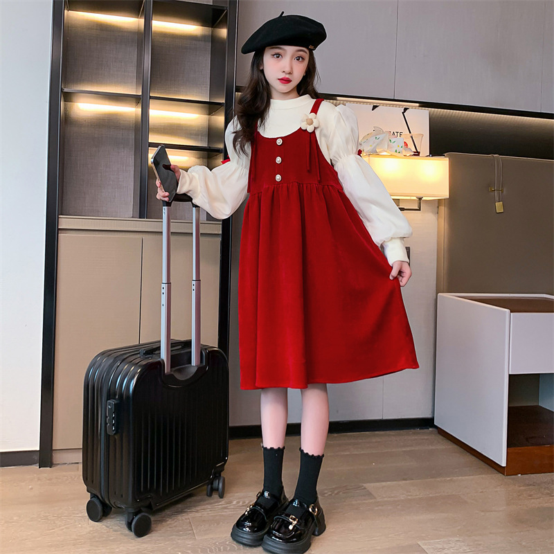 Girl's autumn winter style foreign air vest skirt suit princess Liandress 10 girl plus suede thickened red Chinese New Year clothes-Taobao