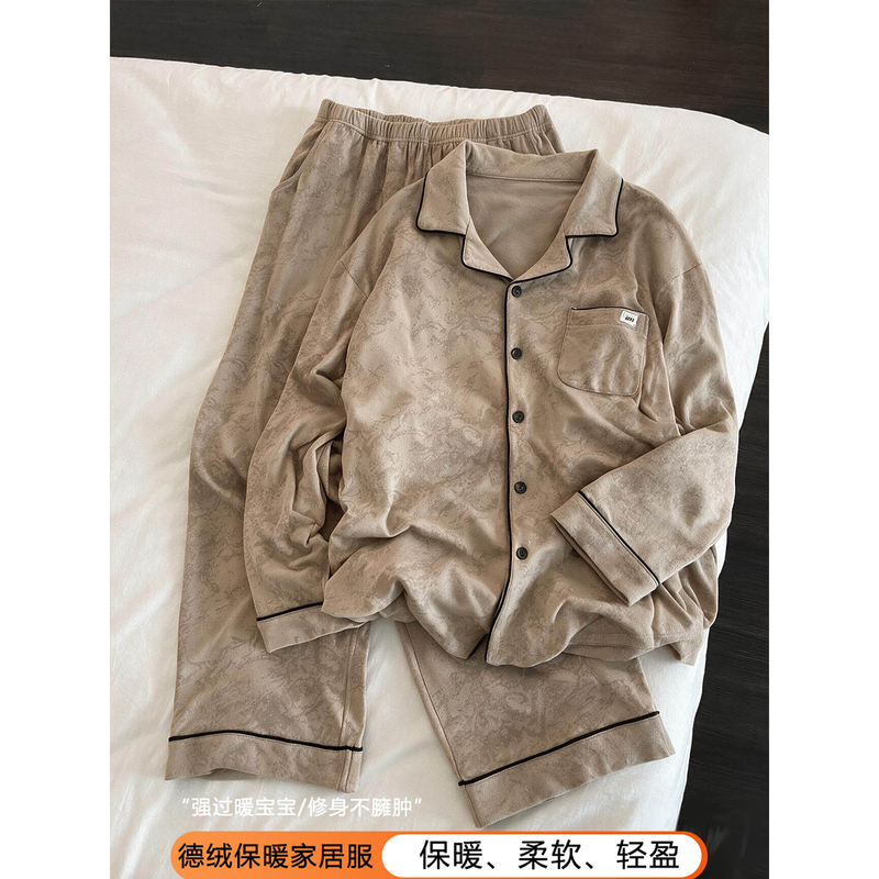 De Rong Men's Pajamas Autumn/Winter 2026 New Long-Sleeve Warm Brushed Korean Style Simple Men's Homewear Set