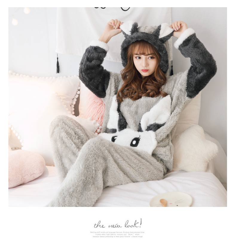 Đồ ngủ nhung san hô của phụ nữ mùa thu và mùa đông da cừu dày dày tay dài học sinh flannel dễ thương bên ngoài mặc phù hợp với dịch vụ nhà bộ đồ khủng log
