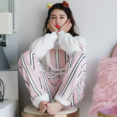Flannel pajamas women's autumn and winter thickened long-sleeved coral velvet loose large size student home clothes can be worn outside suit
