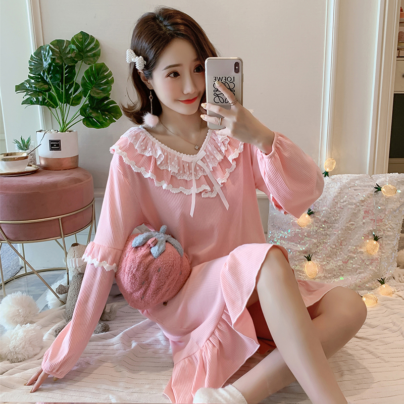 Pajamas women's autumn princess style cotton ladies nightdress is sweet and can be worn outside in spring, autumn and winter, mid-length homewear skirt