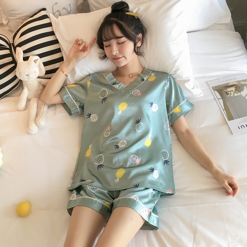 Pajamas female summer Korean version cute loose student ice silk thin section short-sleeved summer suit home service silk pineapple