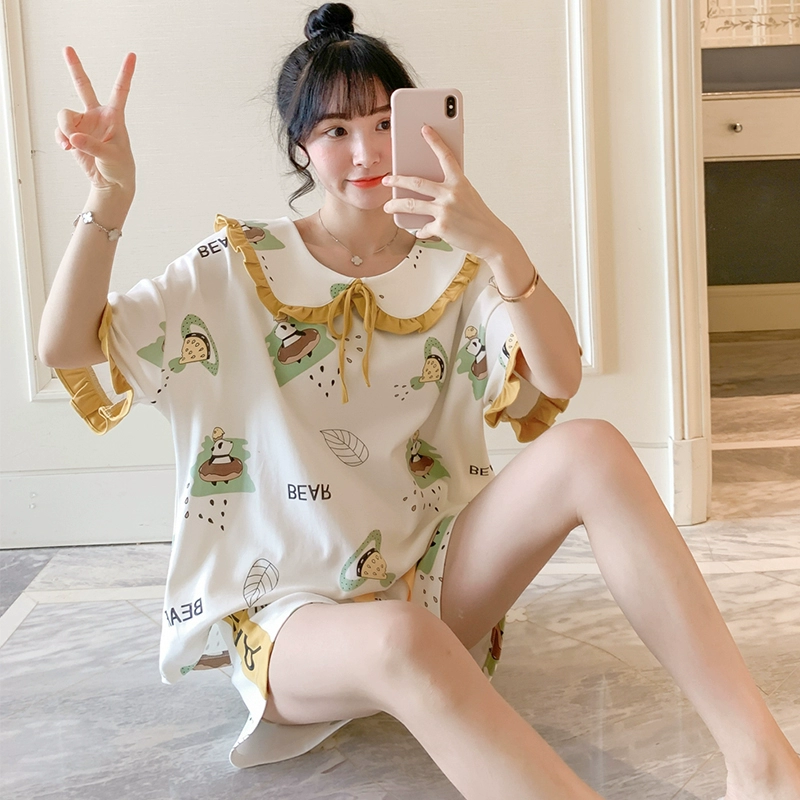 Bộ đồ ngủ nữ mùa hè cotton tinh khiết mỏng phiên bản Hàn Quốc dễ thương và cổ tích gấu trúc ngắn tay bộ đồ sinh viên phục vụ mùa xuân hè - Bộ Pajama