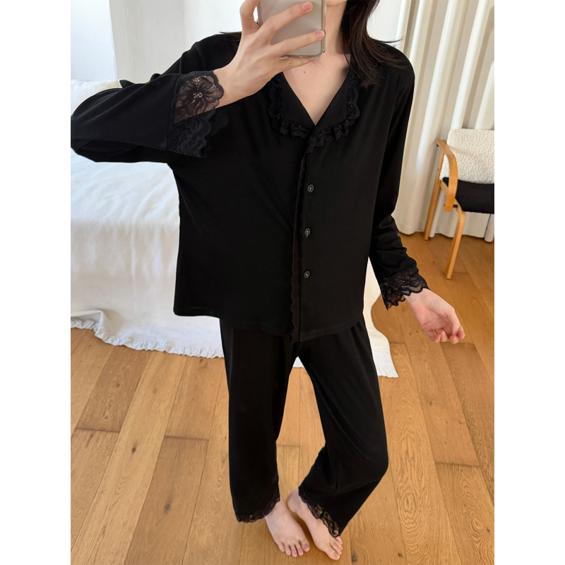 Modal Pure Cotton Black Pajamas for Women, Spring and Autum, High-End Lace Splicing Long-Sleeved Cardigan, Home Wear Set