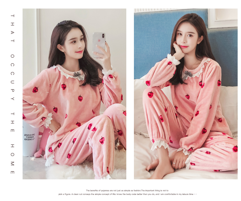 Phiên bản Hàn Quốc của đồ ngủ mùa đông phụ nữ mùa đông flannel dày sinh viên tươi và ngọt ngào dễ thương san hô lông cừu phù hợp với dịch vụ nhà pijama nữ