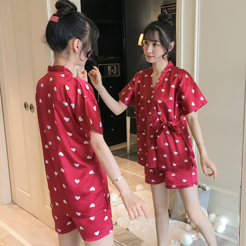 Ice silk pajamas women's Japanese kimono short-sleeved thin Korean version cute summer silk suit can go out home clothes
