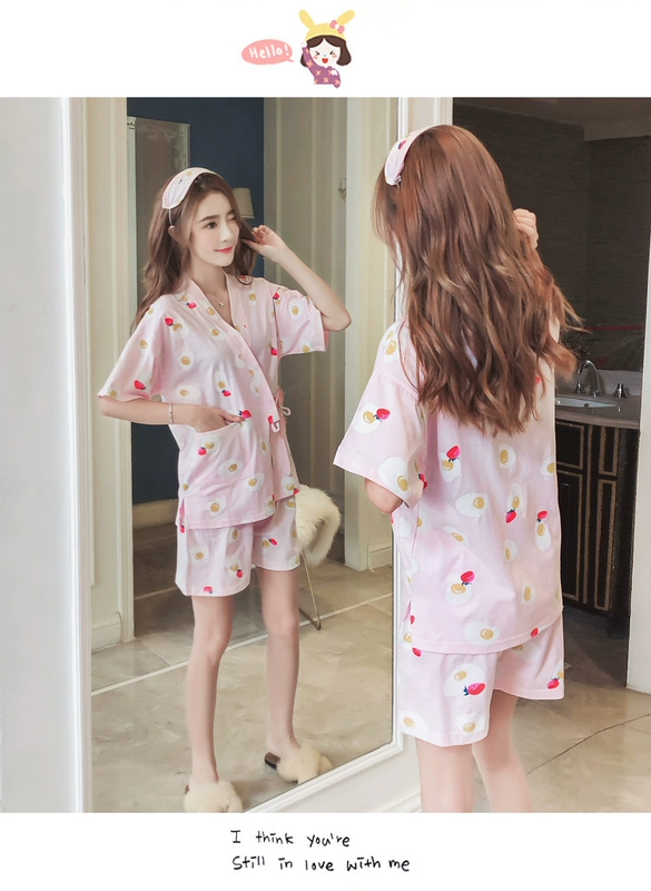 Bộ đồ ngủ nữ Nhật Bản mùa hè kimono cotton hai mảnh phù hợp với tay ngắn tươi mát dễ thương sinh viên cỡ lớn Dịch vụ tại nhà Hàn Quốc - Giống cái