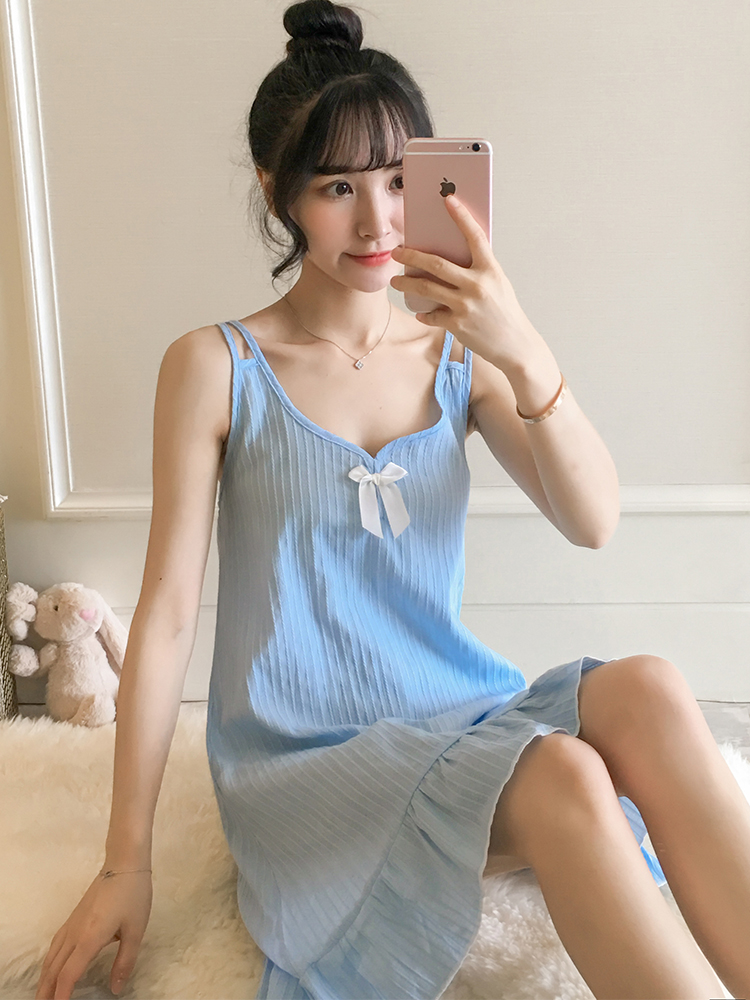 Pajamas women's summer Korean version of pure cotton thin fresh cute student V-neck night dress suspender sexy women's home clothes