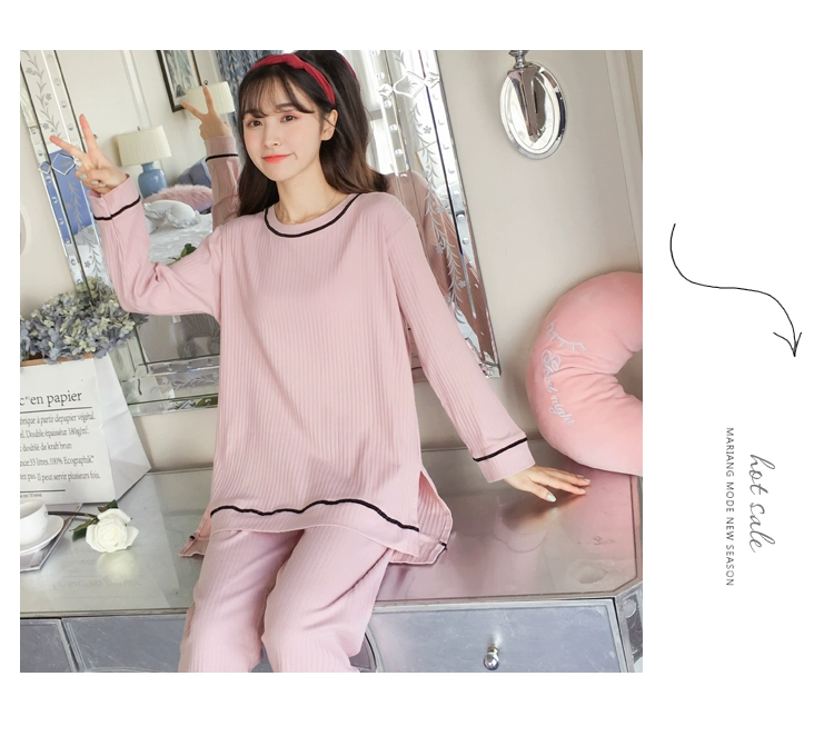 Đồ ngủ nữ cotton tinh khiết Hàn Quốc mùa xuân và mùa thu phần mỏng tay áo dài ngọt ngào và dễ thương cộng với kích thước mùa hè sinh viên phục vụ tại nhà phù hợp với phụ nữ - Cặp đôi