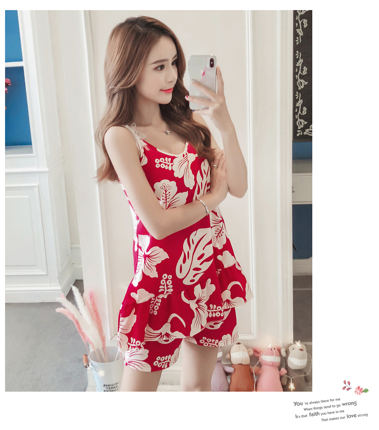 Bộ đồ ngủ nữ mùa xuân và mùa hè ngắn tay cotton sling hai mảnh phù hợp với phiên bản Hàn Quốc của lụa tươi sinh viên có thể mặc dịch vụ tại nhà đồ bộ ống suông