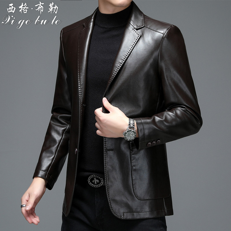 Spring and Autumn Haining Genuine Leather Jacket for Men, Sheepskin Suit Jacket, Slim Fit Casual Single Leather Suit Jacket, Thin and Trendy