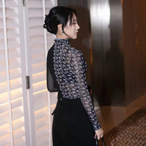 2021 autumn and winter new color matching long sleeve jacket T-shirt slightly through sexy mesh Korean slim semi-high collar base shirt