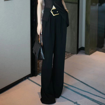 Early autumn Joker black wide leg pants women's high waist drape breathable retro straight loose belt mop suit pants