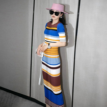 Autumn ice silk new knitted dress female Korean slim slim color matching net red fried street hip bottoming dress