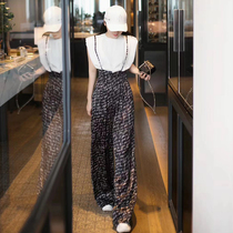 Early spring new drape high waist wide leg pants women's net red ice silk letter printed belted pants loose casual straight pants